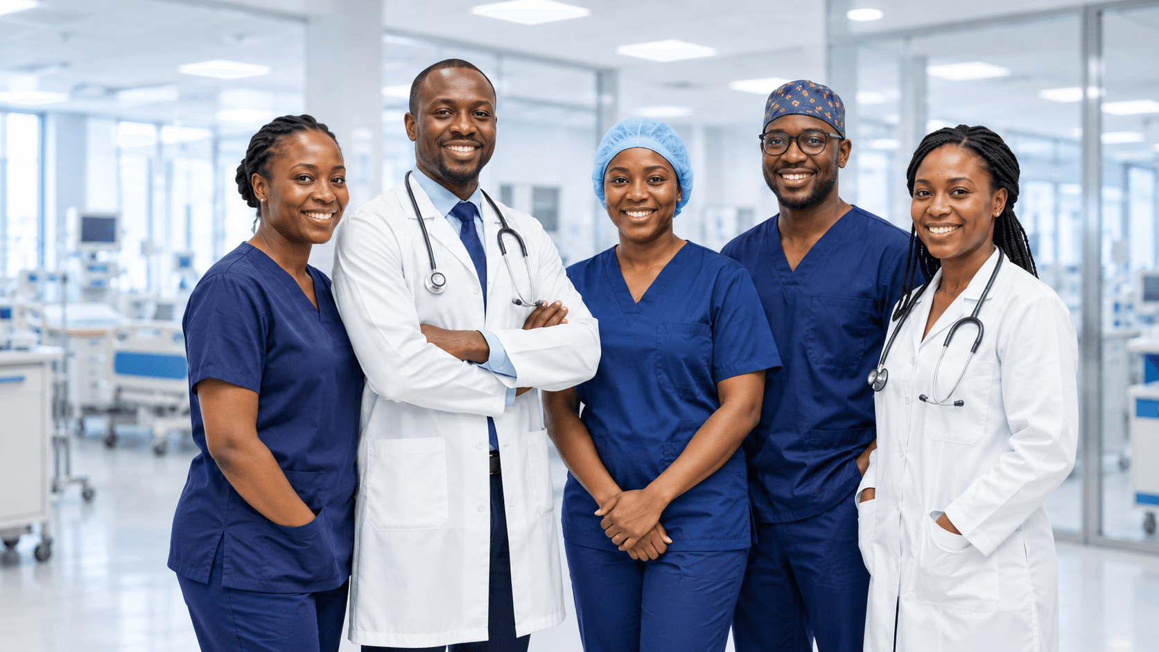 Five members of the Berith Specialist Hospital clinical team standing together in a hospital corridor